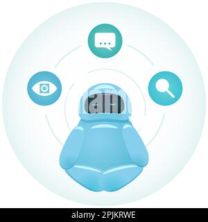 Cute character bot sitting in the circle and meditating. Artificial intelligence design concept that illustrate machine learning process or cognitive Stock Vector