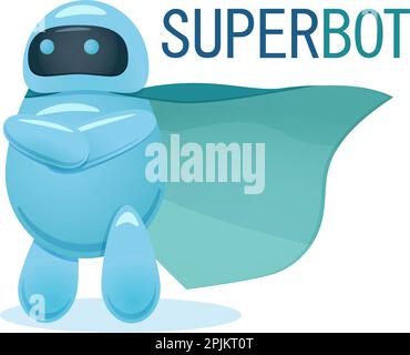 Cute super bot standing with crossed arms and it's cloack blows in the wind. Chatbot or ai illustration concept. Stock Vector