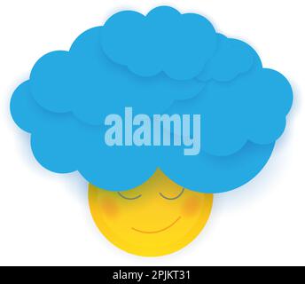Smiling sun character with curly hair made of blue clouds. Illustration that demonstrate positive emotions and energy. Paper cut style vector illustra Stock Vector