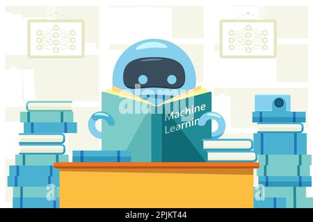 Robot or bot reading machine learning book and sitting at the table. Artificial intelligence flat design concept that demonstrate ai, machine learning Stock Vector