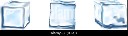 Three ice cubes on transparent background. Realistic vector illustration Stock Vector
