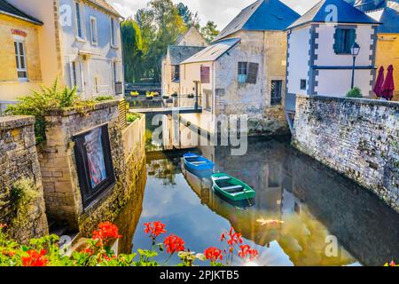 Colorful old buildings, Aure River reflection, Bayeux, Normandy, France. Bayeux founded 1st century BC Stock Photo