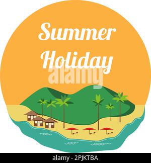 Summer holiday concept with island landscape and palm trees. Tropical resort on the yellow beach with umbrellas and loungers. Applicable as summer hol Stock Vector