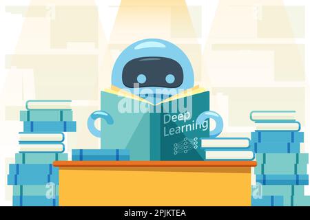 Robot or bot reading deep learning book and sitting at the table. Artificial intelligence flat design concept that demonstrate ai, machine learning pr Stock Vector