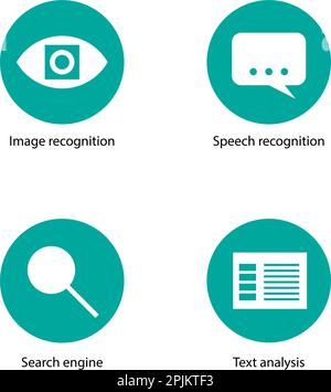Artificial intelligence cognitive services icons - image recognition, speech recognition, search and text analysis. Applicable for web design, present Stock Vector