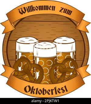 Oktoberfest beer banner with three glasses and pretzels. October fest German beer festival concept in vintage style. Banner with invitation - Welcome Stock Vector
