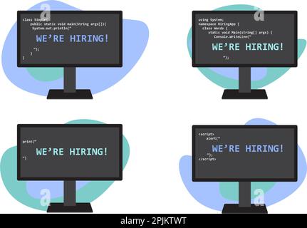 Talent software developer search. Job posting. Monitor with programming language machine code that prints we're hiring words. Recruitment design conce Stock Vector