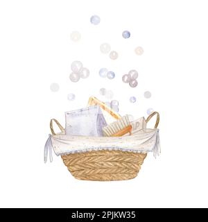 A wicker basket with cleaning detergents, powder, soap, brush, rag and soap bubbles. Isolate on a white background. Watercolor illustration. Suitable Stock Photo