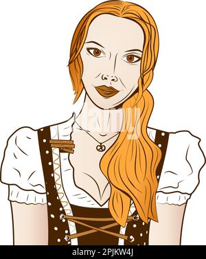 Oktoberfest waitress in national clothes - traditional dirndl. German blonde girl portrait. Can be used as part of Oktoberfest or pub menu design. Vec Stock Vector