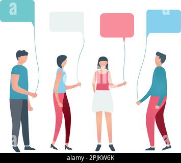 Business team members are chatting and discuss business issues. People communicate hold speech bubbles as balloons. Social media or social network des Stock Vector
