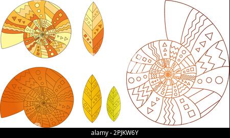 Set of snail shells and leaves with triangle, square and circle patterns. Fall or autumn colors - yellow, orange, red. Colored and line art style exam Stock Vector