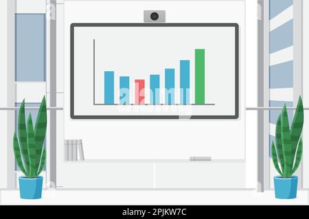 Conference room with light interior, plants, shelves and video conference system with camera. the TV shows chart presentation Stock Vector