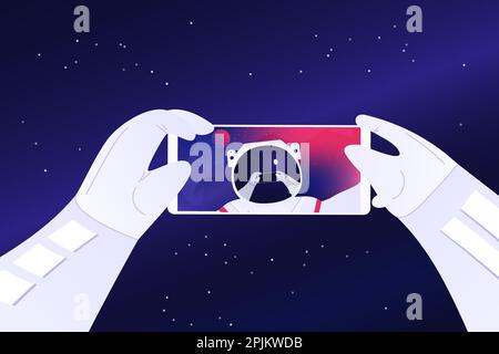 Astronaut taking selfie on the fantastic purple and pink background. Close-up hands with phone. On the helmet there is a mirror of his hands with phot Stock Vector