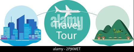 Travel design concept with flying airplane from the city to tropical island with palm trees, umbrellas and loungers. Concept applicable for travel tic Stock Vector