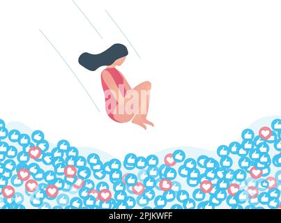 Illustration of blogger jumping into the pull full of likes. Social media or social networks design concept. Vector illustration Stock Vector