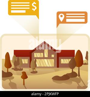 Real estate sale concept. Suburban house or cottage standing in the middle of fall landscape. House for sale with messages about price and location. F Stock Vector