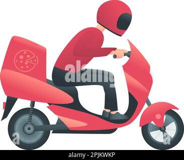Courier on the red motorbike. Delivery service concept. Man delivers fast-food or pizza to the customer. Vector illustration Stock Vector