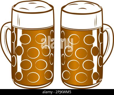 Two beer mugs with ale. Applicable as elements for Oktoberfest concept or pub menu. Outline vector illustration Stock Vector