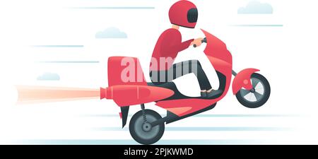 Courier on the red motorbike with jet rocket engine. Delivery service or motorcycle racing concept. Biker rides scooter on the rear wheel. Vector illu Stock Vector