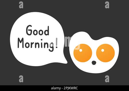 Cute breakfast kitty with big eyes like scrambled eggs and says - Good morning. Applicable as banner or breakfast menu design element for cafe, restau Stock Vector