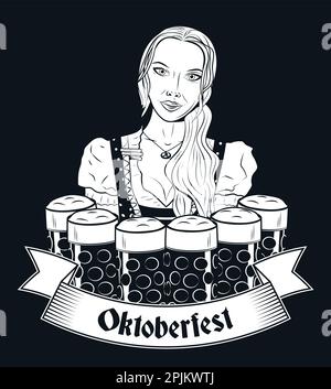 Vintage Oktoberfest banner or label with waitress in national clothes carrying six beer glasses. Oktoberfest German beer festival design concept in vi Stock Vector