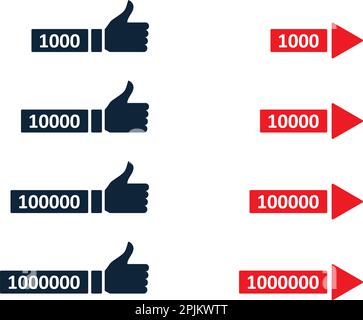 Set of likes and view icons that show number of followers and subscribers. The size of icon depends of number of followers. Vector illustration Stock Vector