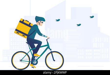 Food bicycle delivery courier. Man carries parcel box on the back. Fast and ecological way to move around the city. Express food delivery service by b Stock Vector