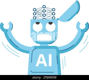 AI robot with hands with raised hands and open head with artificial neural network inside like brain. Funny illustration of artificial intelligence or Stock Vector