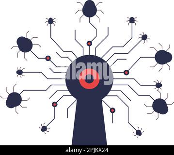 Cyber attack by malware. Red eye looks through the keyhole and infected bugs crawl to the software. Unprotected, unsafe system with software bugs or u Stock Vector