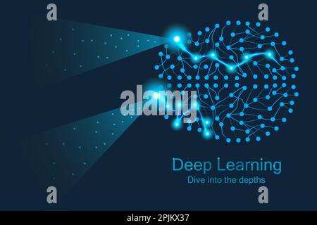 AI deep learning design concept. Artificial brain like submarine swimming at depth and research technology space. Applicable as banner background or p Stock Vector