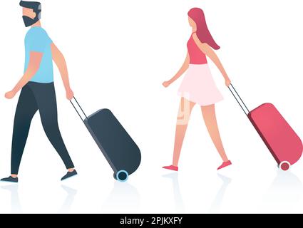 Travel concept. Couple, young man and woman, in airport terminal with luggage moving to the airplane or train. Stock Vector