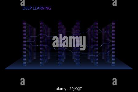 3D Neural network with six layers. Illustration of structured big data for presentations, banners, posters. Artificial intelligence, machine learning Stock Vector