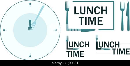 Set of signboards with lunch time text. Clock with fork as clock hand. Fork and knife as part of text. Vector illustration. Stock Vector