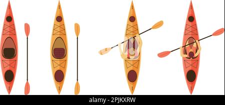 Set of kayaks for outdoors activities, fishing. Empty kayaks and with man and woman sitting inside with paddle. Vector illustration Stock Vector