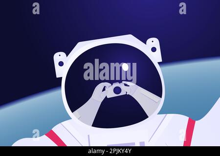 Astronaut taking selfie on the earth background. Spaceman travel around the blue planet. On the helmet there is a mirror of his hands with photo camer Stock Vector