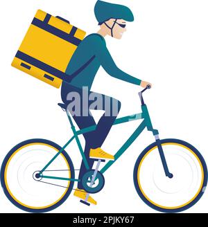 Food bicycle delivery courier. Man carries parcel box on the back. Fast and ecological way to move around the city. Express food delivery service by b Stock Vector