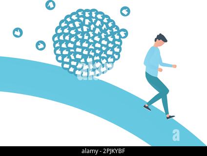 Blogger runs away from likes bunch. Influencer hard work in social media or social networks. Work like sisyphus. Flat vector illustration in blue colo Stock Vector