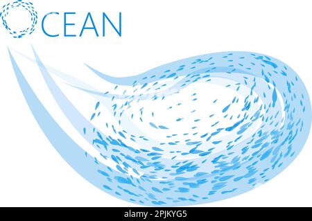 Fish flock flow around circle. Ocean underwater design concept. Applicable as background banner for outdoor travel advertisement. Ocean word typograph Stock Vector