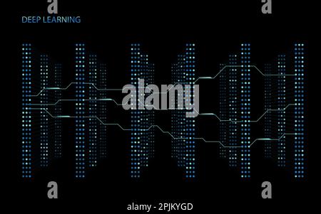 3D Neural network with six layers. Illustration of structured big data for presentations, banners, posters. Artificial intelligence, machine learning Stock Vector