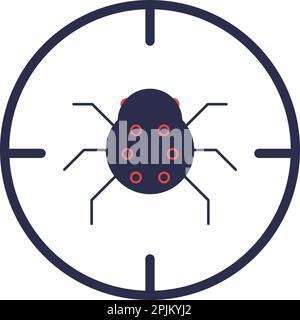 Aimed sight to software bug. Software quality assurance, cybersecurity firewall, system, software icon. Bug search tool. Malware found by antivirus. V Stock Vector
