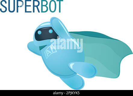 Cute super flying with cloak. AI Bot ready to help business to solve issues. Artificial intelligence robot illustration. Cartoon vector illustration. Stock Vector