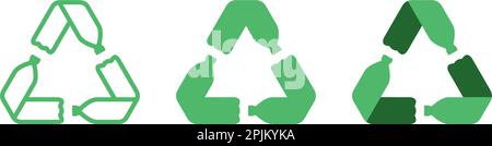 Pet bottles form mobius loop or recycling symbol with arrows. Eco pet use concept. Set of recycling icons in different sytles - outline, glyph and fla Stock Vector