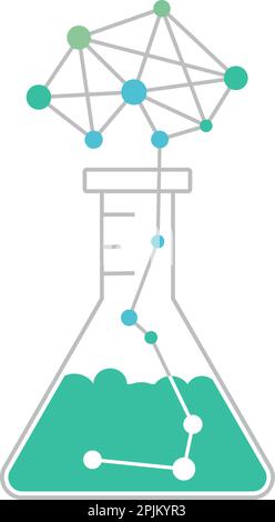 Data science or machine learning research as chemical experiment. Explosion as neural network brain above the flask. AI or deep learning concept. Vect Stock Vector