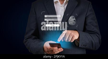login landing page concept. User typing login and password. Hand man use mobile phone for log in Stock Photo