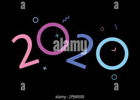 2020 logo in 90s retro style with geometric shapes. Happy new year design concept with abstract decoration symbols. pink and purple colors. Applicable Stock Vector