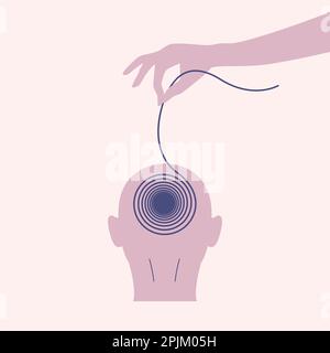 Hand pulls out thoughts from the head. Psychotherapy, psychology concept. Head full of thoughts. Mental disorder illustration. Flat vector illustratio Stock Vector
