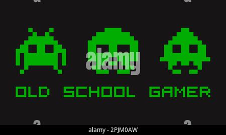 Arcade game pixel monster seamless pattern, retro 8 bit cartoon alien ...