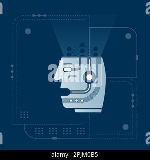 Artificial mind inside head processes information. Bot getting data and analyze. AI, machine learning, deep learning or data cycle design concept. Vec Stock Vector