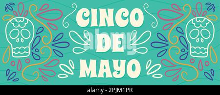 Cinco de Mayo - May 5, neon style, federal holiday in Mexico. Fiesta banner and poster design with flags, flowers, decorations. Vector. Stock Vector