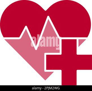 Heart shape with heartbeat inside and medical cross in front. Red medical clinic logo. Heart symbol with cross. Vector illustration Stock Vector